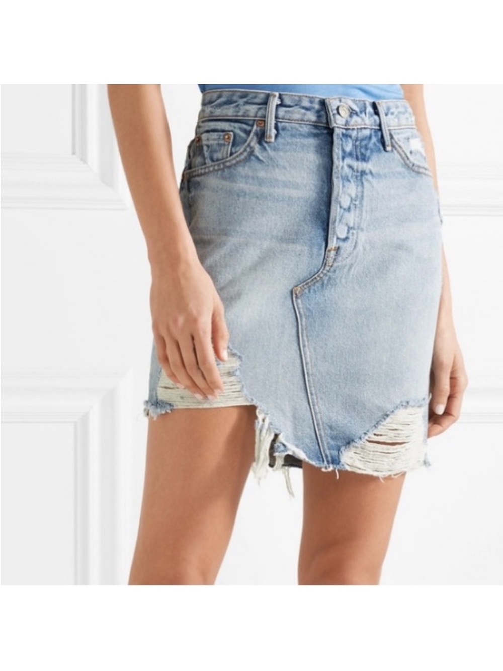 GRLFRND Light Blue Distressed Denim Mini Skirt
